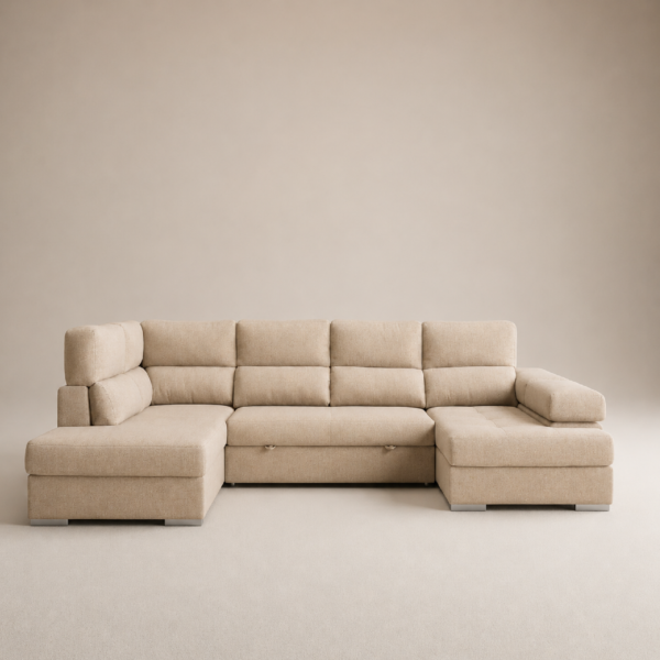 Sofá Chaiselongue FLORA Rinconera 345 cm · 4-5 Plazas · Cama + Arcón · Asientos Reclinables · Orientación Izq/Der