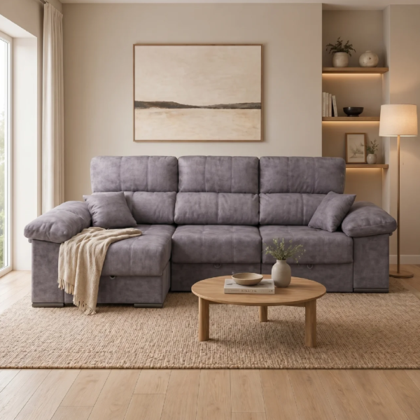 Sofá Cama ROMA 3 Plazas · Apertura Diaria · Arcón Integrado · 285×102×150 cm · Tapizado Tela